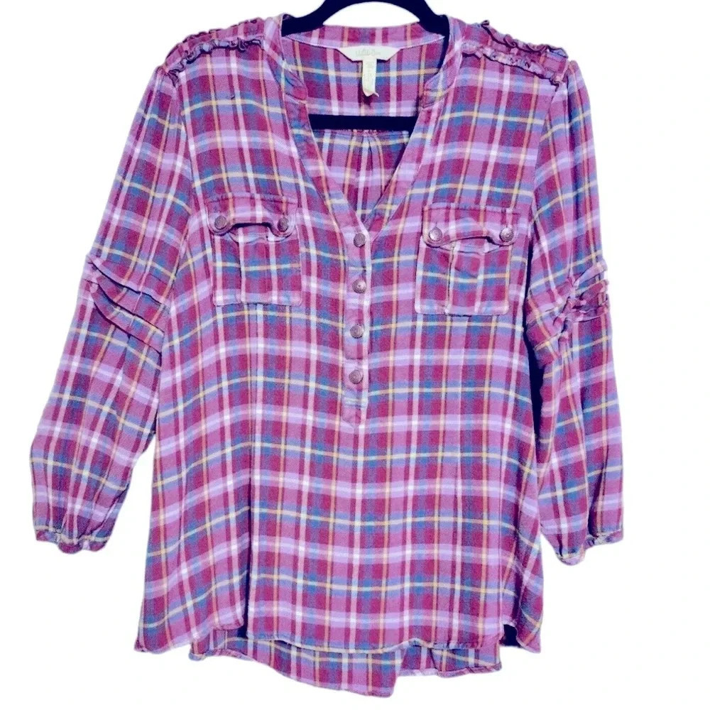 Matilda Jane Shirt Womens M All Day Millie Pink Plaid Popover 3/4 Sleeves